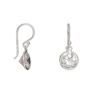 Earring, sterling silver and cubic zirconia, clear, 22mm with 8mm faceted  round and fishhook ear wire. Sold per pair. - Fire Mountain Gems and Beads