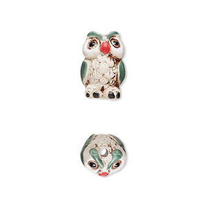Bead, glazed ceramic, multicolored, 15x10mm hand-painted owl. Sold per pkg of 2.