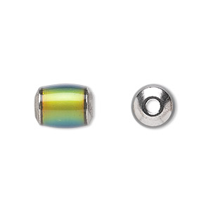 Bead, acrylic and imitation rhodium-plated brass, multicolored, 12x9mm color-changing round tube. Sold per pkg of 6.