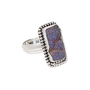 Ring, druzy agate (coated) and antiqued sterling silver, purple AB, 22x12mm beaded rectangle with 18x9mm rectangle, size 8. Sold individually.