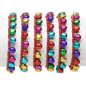 Bracelet mix, stretch, aluminum and glass, multicolored, bell, 6 inches. Sold per pkg of 6.