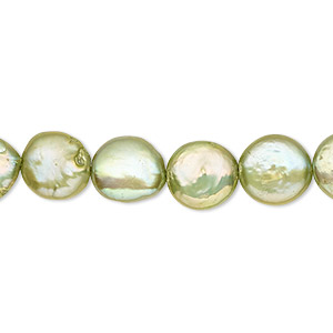 Pearl, cultured freshwater (dyed), green, 10-12mm flat round, C- grade, Mohs hardness 2-1/2 to 4. Sold per 15&quot; to 16&quot; strand.