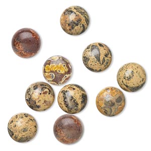 Cabochon, leopardskin jasper (natural), 10mm calibrated round, B grade, Mohs hardness 6-1/2 to 7. Sold per pkg of 10.