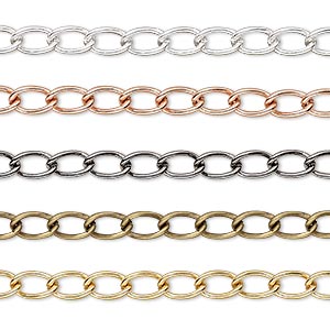 Extender chain mix, gold- / silver- / gunmetal- / copper- / antique gold-plated brass, 4mm curb. Sold per pkg of (5) 3-inch sections.