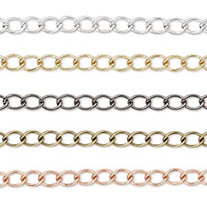 Extender chain mix, gold- / silver- / gunmetal- / copper- / antique gold-plated brass, 3.5mm curb. Sold per pkg of (5) 3-inch sections.