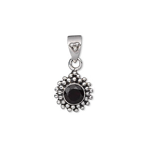 Pendant, garnet (natural) and antiqued sterling silver, 12x12mm with 6mm faceted round. Sold individually.