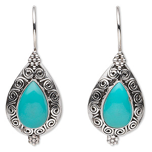 Earring, turquoise (stabilized) and sterling silver, 40mm with filigree design and 14x9mm teardrop with fishhook ear wire. Sold per pair.
