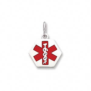 Charm, medical alert ID, 14KtW white gold and enamel, red, 15x15mm hexagon. Sold individually.