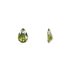 Drop, cubic zirconia, olive green, 9x6mm hand-faceted teardrop, Mohs hardness 8-1/2. Sold per pkg of 6.