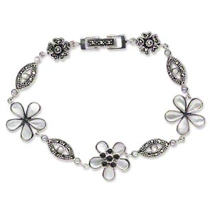 Bracelet, Signity® marcasite / mother-of-pearl shell (natural) / black ...