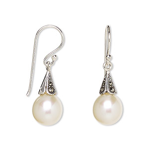 Earring, Signity&reg; marcasite (natural) / cultured freshwater pearl / antiqued sterling silver, mauve, 31x8.5mm with 8x5mm cone and 10x8.5mm teardrop with fishhook ear wire. Sold per pair.