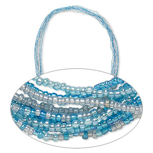 Necklace mix, glass seed beads, clear and blue tones with AB finish. Sold per pkg of (10) 36-inch continuous loops.