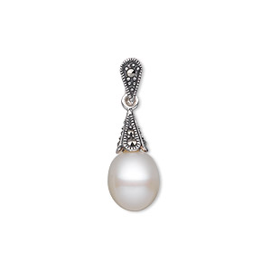 Pendant, cultured freshwater pearl (bleached) / marcasite (natural) / antiqued sterling silver, white, 26x8.5mm with 10x8.5mm teardrop and 8x5mm cone. Sold individually.