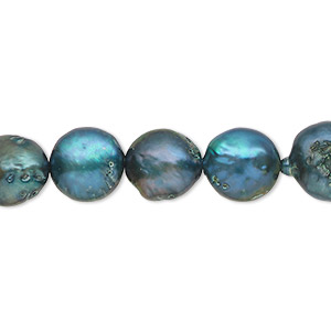 Pearl, cultured freshwater (dyed), dark teal green, 10mm flat round, C- grade, Mohs hardness 2-1/2 to 4. Sold per 8-inch strand.