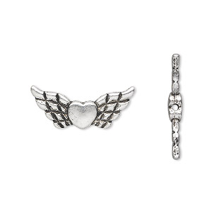 Bead, antique silver-plated &quot;pewter&quot; (zinc-based alloy), 22x9mm double-sided angel wings with heart. Sold per pkg of 500.