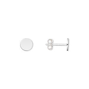 Earstud, sterling silver, 6mm round flat pad. Sold per pkg of 5 pairs.