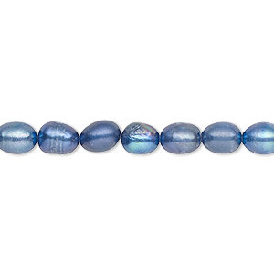 Pearl, cultured freshwater (dyed), iris blue, 5-6mm rice, C grade, Mohs hardness 2-1/2 to 4. Sold per 16-inch strand.