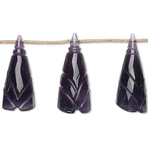 Bead, amethyst (natural), dark, 18x8mm-24x10mm graduated hand-cut top-drilled carved cone flower, B+ grade, Mohs hardness 7. Sold per pkg of 5 beads.