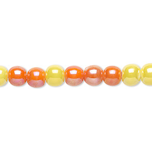 Bead, porcelain, opaque yellow and orange AB, 5-6mm round. Sold per 8-inch strand, approximately 35 beads.