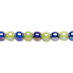 Bead, porcelain, opaque blue and green AB, 5-6mm round. Sold per 8-inch strand, approximately 35 beads.