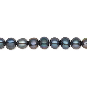 Pearl, cultured freshwater (dyed), iris green, 5-6mm semi-round, C grade, Mohs hardness 2-1/2 to 4. Sold per 16-inch strand.