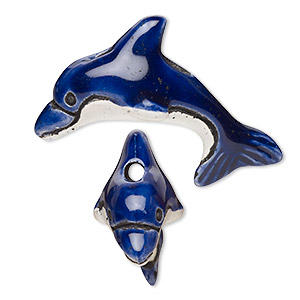 Bead, painted and glazed ceramic, blue / white / black, 37x25mm top-drilled 3D dolphin. Sold per pkg of 2.