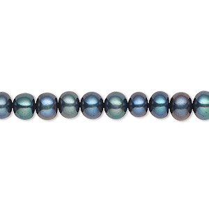 Pearl, cultured freshwater (dyed), iris green, 5-6mm button, C grade, Mohs hardness 2-1/2 to 4. Sold per 16-inch strand.