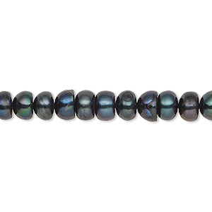 Pearl, cultured freshwater (dyed), iris green, 6-7mm button, C grade, Mohs hardness 2-1/2 to 4. Sold per 16-inch strand.