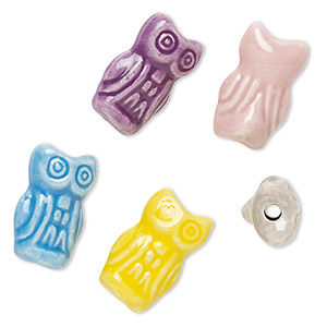 Bead, painted and glazed ceramic, assorted colors, 17x10mm 3D owl. Sold per pkg of 5.