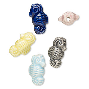 Bead, painted and glazed ceramic, assorted colors, 17x8mm 3D seahorse. Sold per pkg of 5.