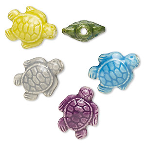 Bead, painted and glazed ceramic, assorted colors, 18x15mm turtle. Sold per pkg of 5.