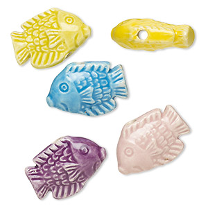 Bead, painted and glazed ceramic, assorted colors, 21x14mm fish. Sold per pkg of 5.