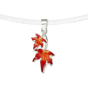 Pendant, sterling silver and enamel, red and orange, 24x12mm single-sided maple leaves. Sold individually.