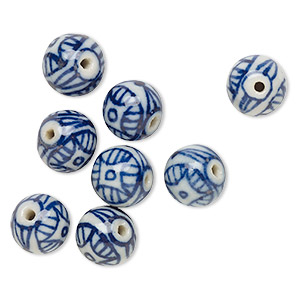 Bead, porcelain, blue and white, 11-12mm round with geometric design. Sold per pkg of 8.