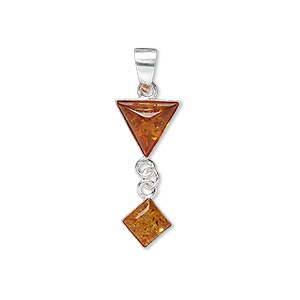 Pendant, amber (heated) and sterling silver, 7x7mm diamond and 10x8mm triangle, 22x10mm overall. Sold individually.