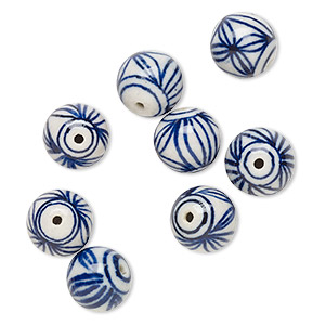 Bead, porcelain, blue and white, 14-15mm round with flower design. Sold per pkg of 8.