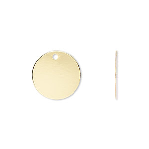 Drop, gold-plated brass, 15mm flat round. Sold per pkg of 50.