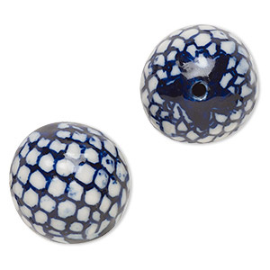 Bead, porcelain, blue and white, 28-29mm round with scale design and 2.5-2.7mm round. Sold per pkg of 2.