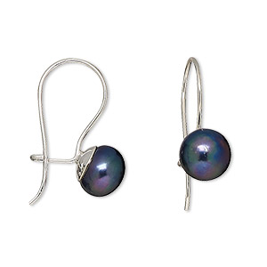 Earring, sterling silver and cultured freshwater pearl, peacock, 8-8.5mm button with kidney ear wire, 22x8mm overall. Sold per pair.