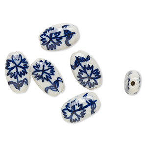 Bead, porcelain, blue and white, 17x10mm-18x11mm flat oval with flower design. Sold per pkg of 6.