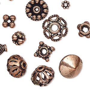 Bead and bead cap, antiqued copper, 5x1mm-18x10mm assorted shape. Sold per pkg of 20.