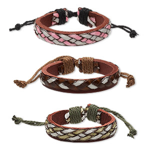 Bracelet, leather / cotton cord (dyed) / polyurethane, multicolored, 12mm wide, adjustable from 6-8 inches with knot closure. Sold per pkg of 3.