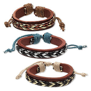 Bracelet, leather (dyed) / cotton / polyurethane, metallic multicolored, 12-13mm wide, adjustable from 6 to 8-1/2 inches with knot closure. Sold per pkg of 3.