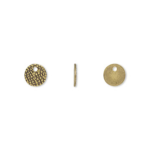 Drop, antique gold-plated brass, 7mm single-sided textured flat round. Sold per pkg of 100.