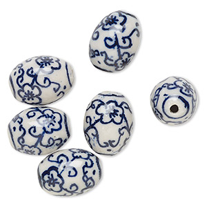 Bead, porcelain, blue and white, 18x13mm-19x14mm oval with flower design. Sold per pkg of 6.