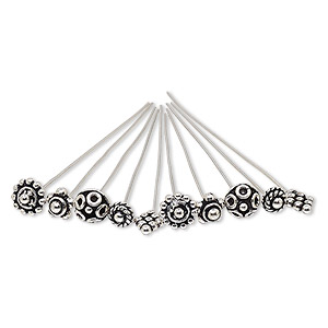 Head pin mix, antiqued sterling silver, 2 inches with assorted shape, 22 gauge. Sold per pkg of 10.
