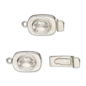 Clasp, tab, white topaz (natural) and sterling silver, 13x10mm oval with 8x6mm faceted oval. Sold individually.