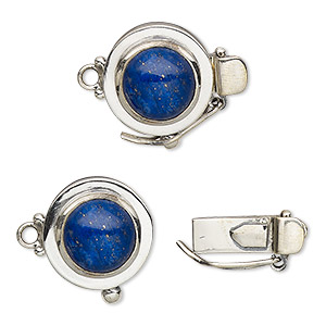 Clasp, tab with safety, lapis lazuli (natural) and sterling silver, 15mm round with 10mm round. Sold individually.