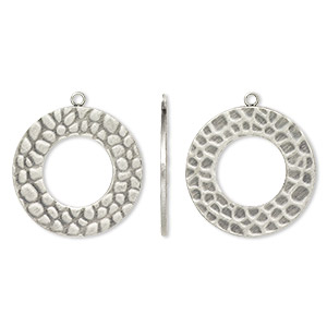 Drop, antique silver-plated steel, 25mm textured open round. Sold per pkg of 10.