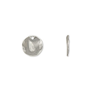 Drop, antique silver-plated steel, 10mm textured flat round. Sold per pkg of 50.